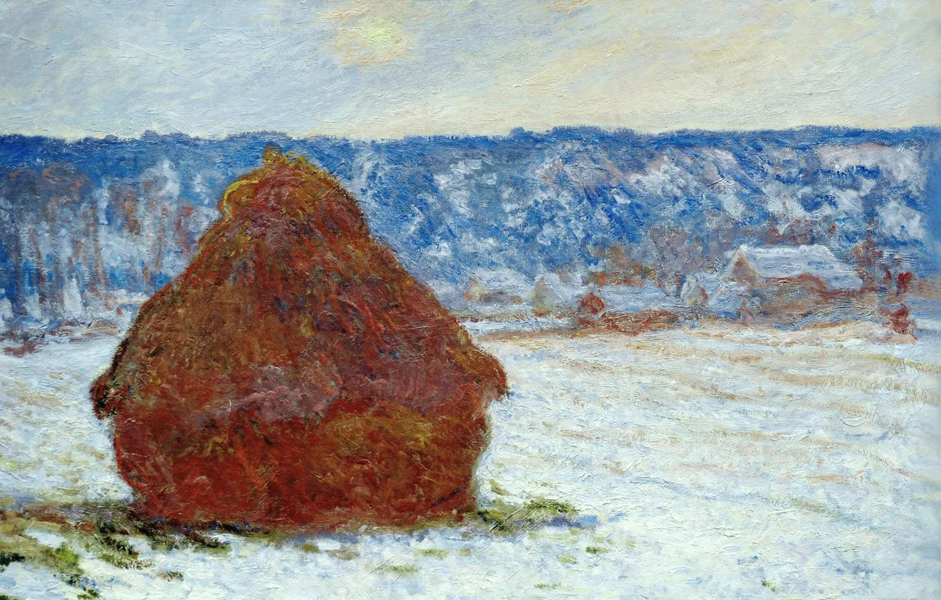 Photo wallpaper landscape, picture, Claude Monet, The haystack in Cloudy Weather. The Effect Of Snow