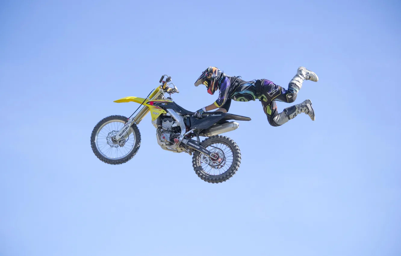 Photo wallpaper the sky, clouds, maneuver, rider, motocross, freestyle, FMX, extreme sports