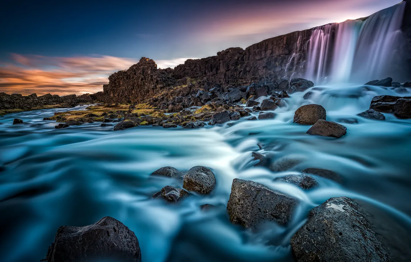 Photo wallpaper river, stones, wall, waterfall, Iceland, Iceland, Arnessysla, Oxara river