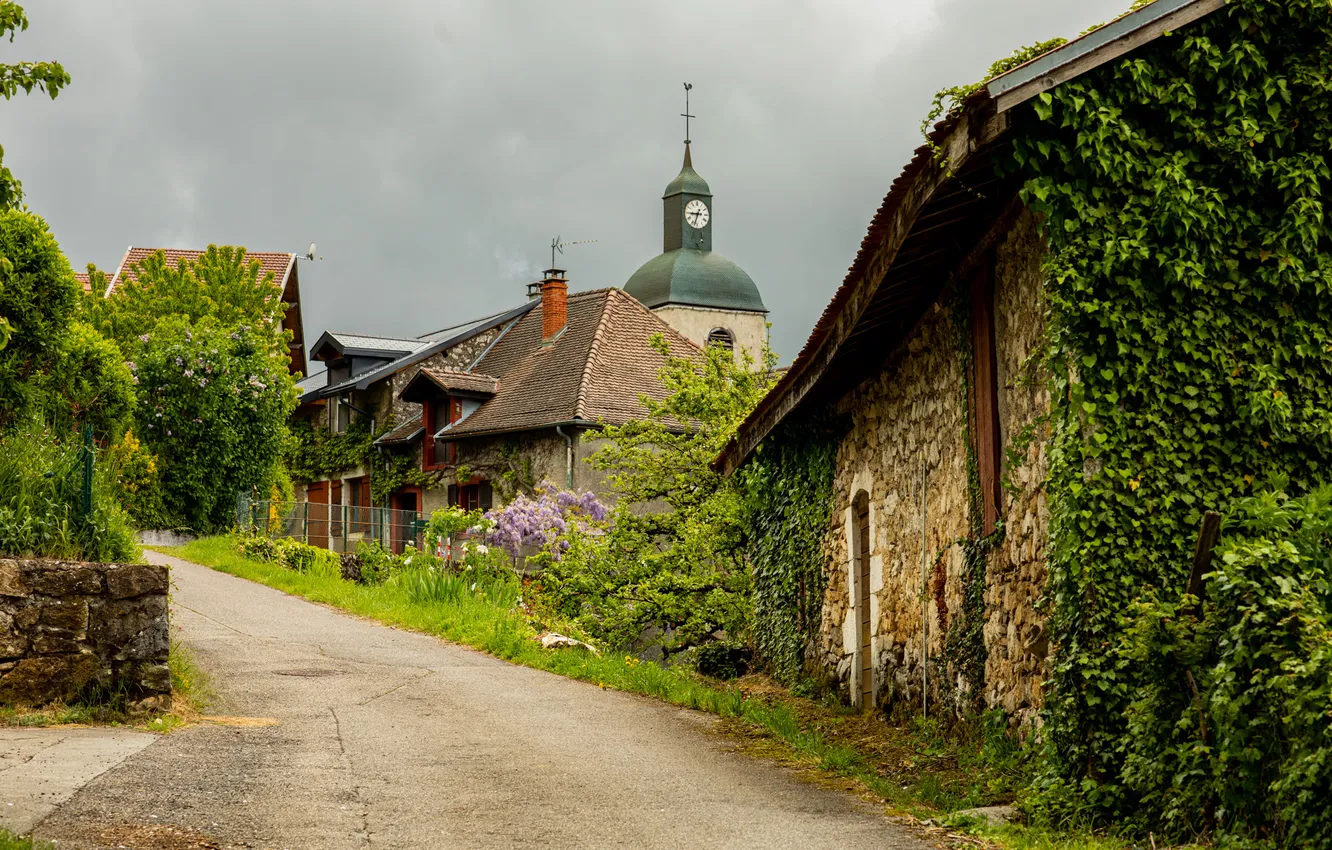 Photo wallpaper house, road, photography, nature, flowers, village, greenery, architecture
