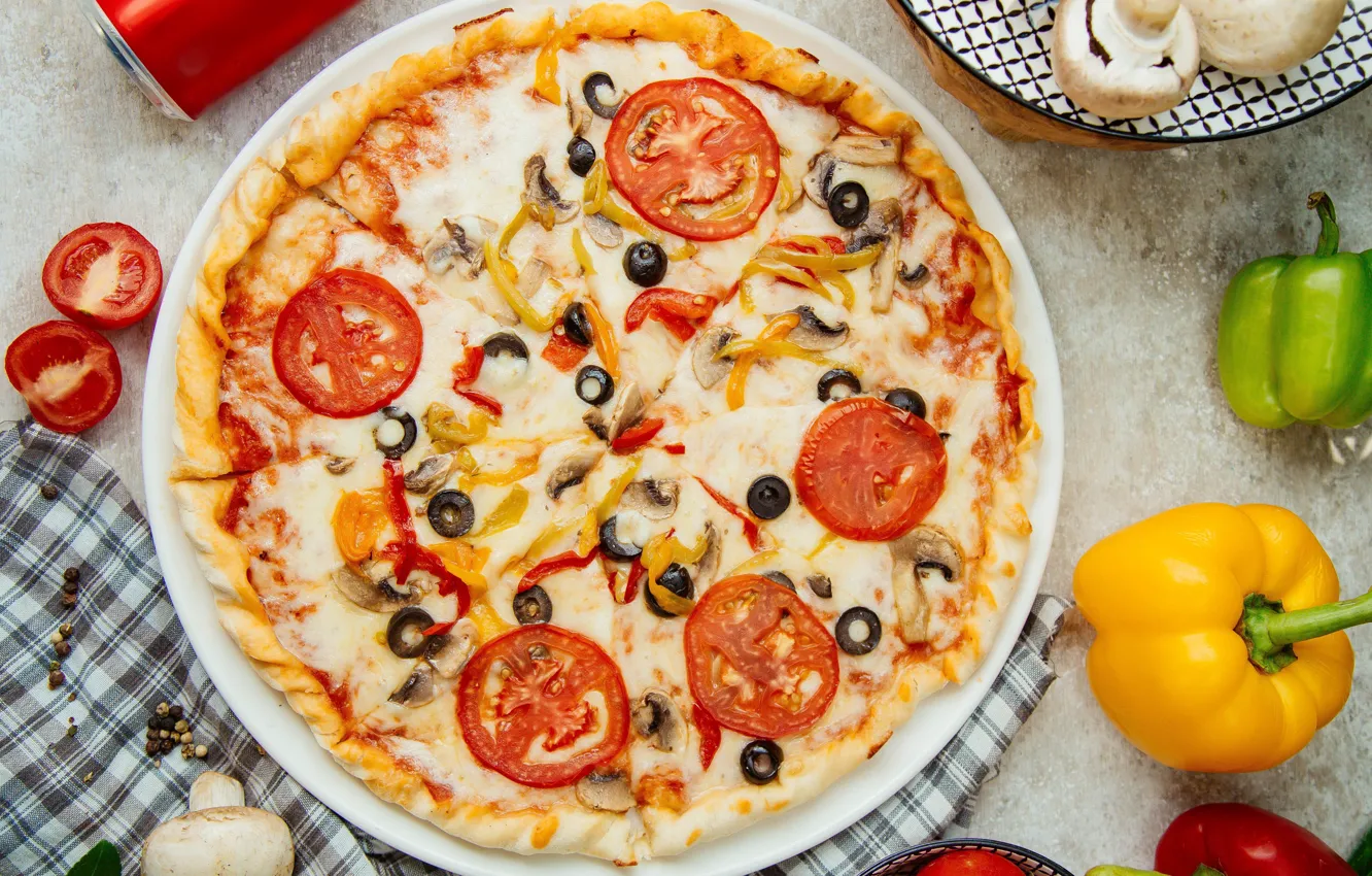 Photo wallpaper mushrooms, cheese, pepper, vegetables, pizza, tomatoes, pizza, olives