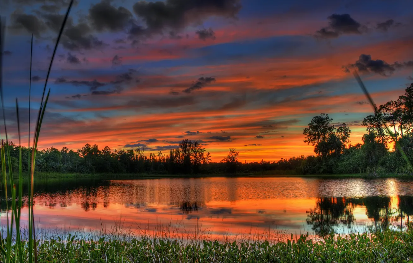 Photo wallpaper the sky, water, clouds, trees, landscape, sunset, nature, lake