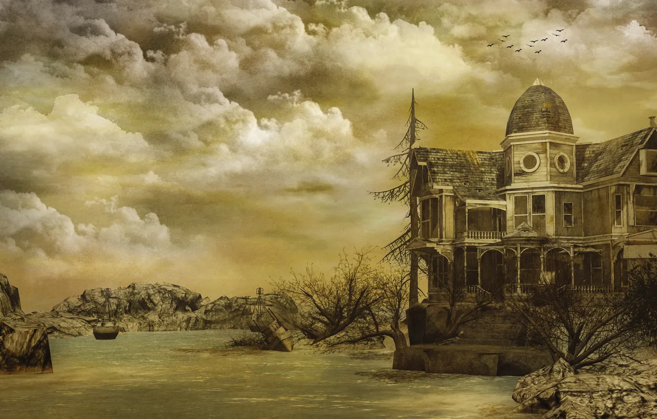 Photo wallpaper autumn, the sky, clouds, landscape, branches, nature, stones, rendering