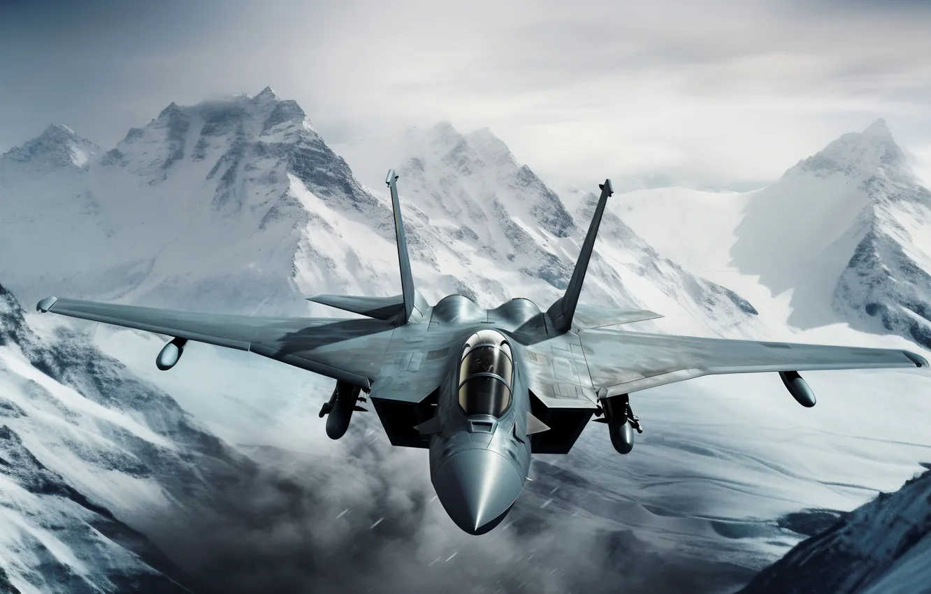 Photo wallpaper snow, flight, mountains, fighter, the plane, front, digital art, AI art
