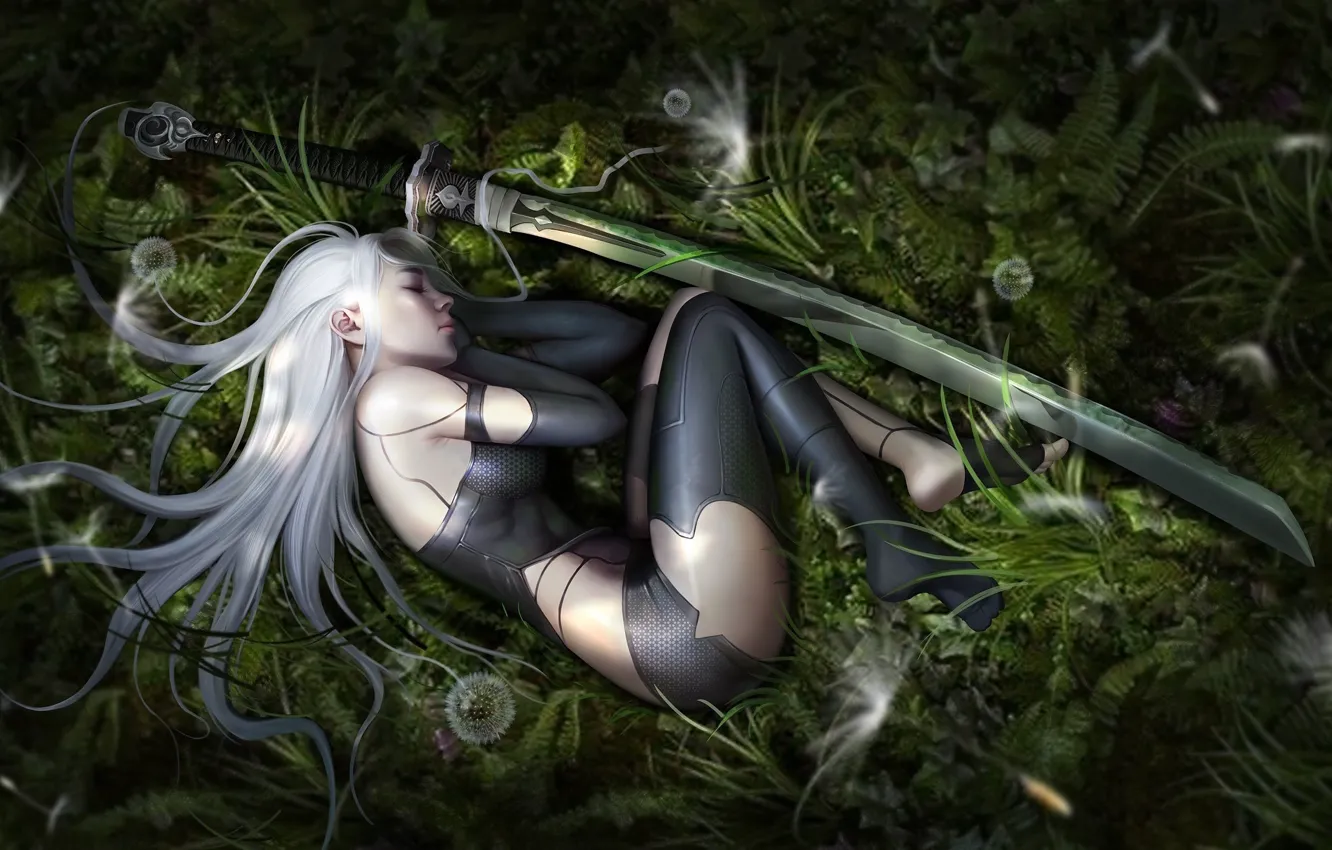 Photo wallpaper stockings, katana, nier, women, gloves, white hair, video games, Black Stockings