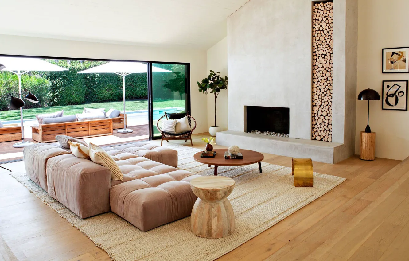 Photo wallpaper design, style, interior, fireplace, California, living room, California, Malibu