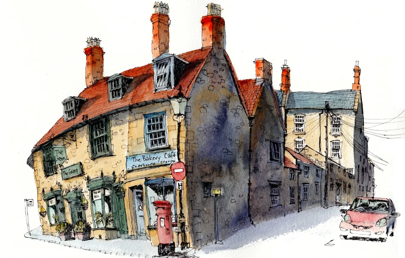 Photo wallpaper the city, paint, figure, England, home, Sherborne