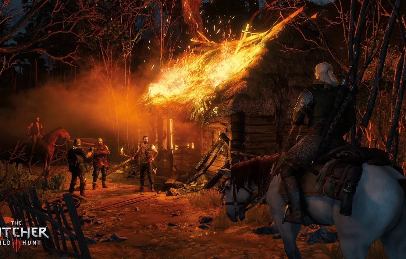 Photo wallpaper horse, hut, the Witcher, horse, burning, witcher, Geralt of Rivia, The Witcher 3: Wild Hunt