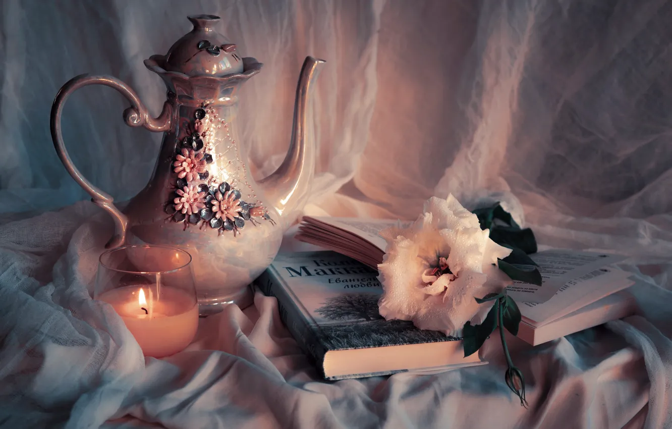 Photo wallpaper flower, books, candle, fabric, coffee pot