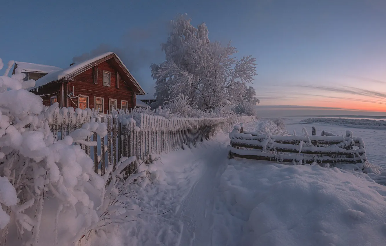 Photo wallpaper winter, snow, house, the fence, Russia, path, Arkhangelsk oblast, The Village Of Upper Toima