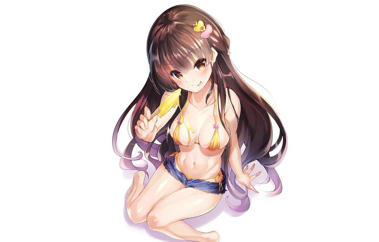 Photo wallpaper girl, sexy, cleavage, shorts, long hair, brown hair, boobs, anime