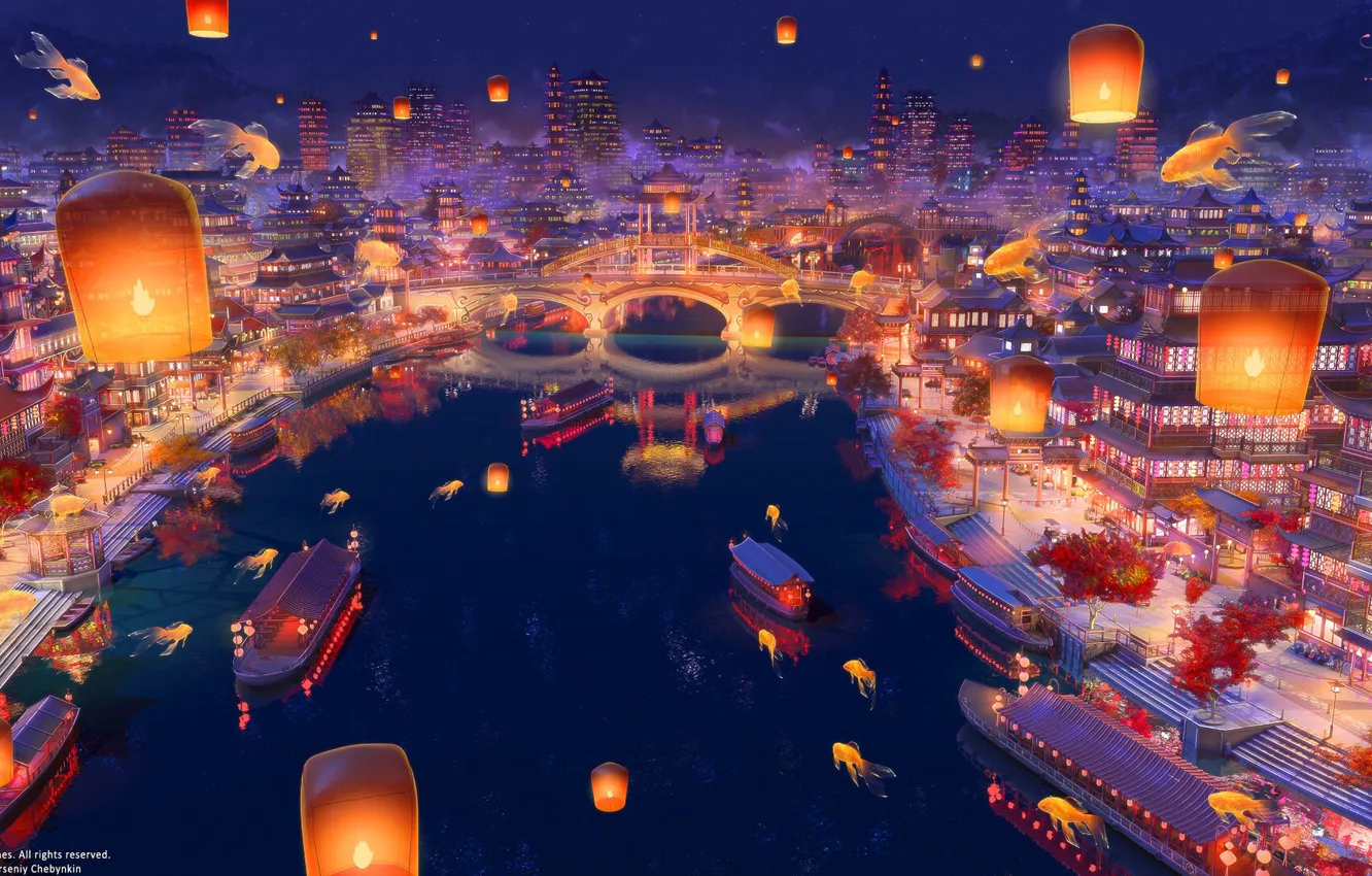 Photo wallpaper bridge, river, China, boats, Asia, goldfish, stairs, lanterns