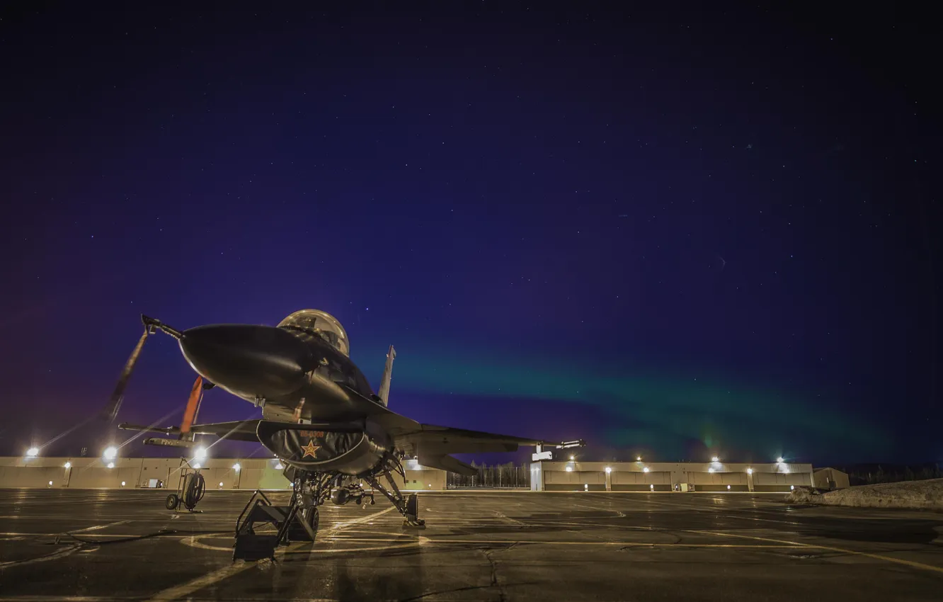 Photo wallpaper stars, Northern lights, the airfield, F-16, Fighting Falcon, "Fighting Falcon"