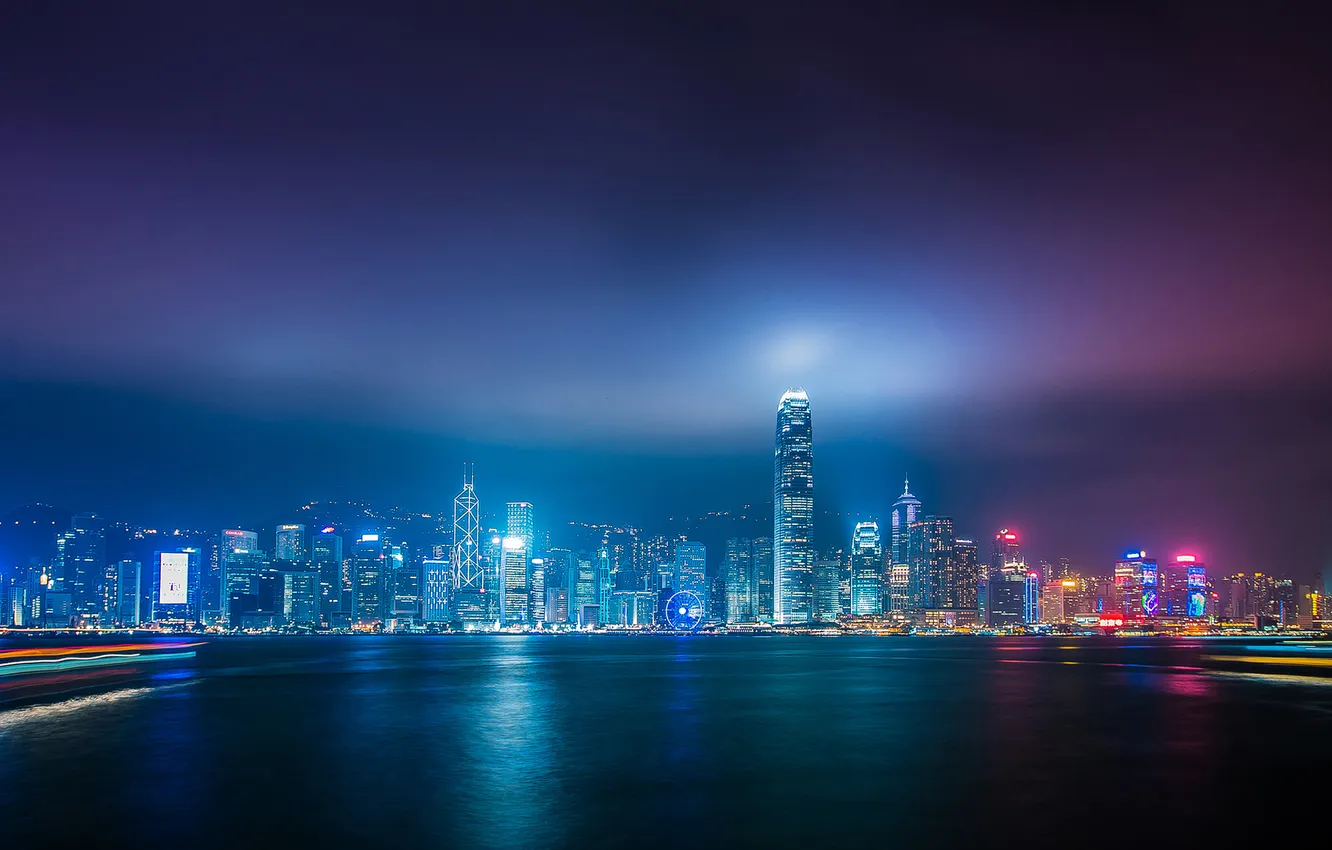 Photo wallpaper city, light, ocean, night, Hong Kong