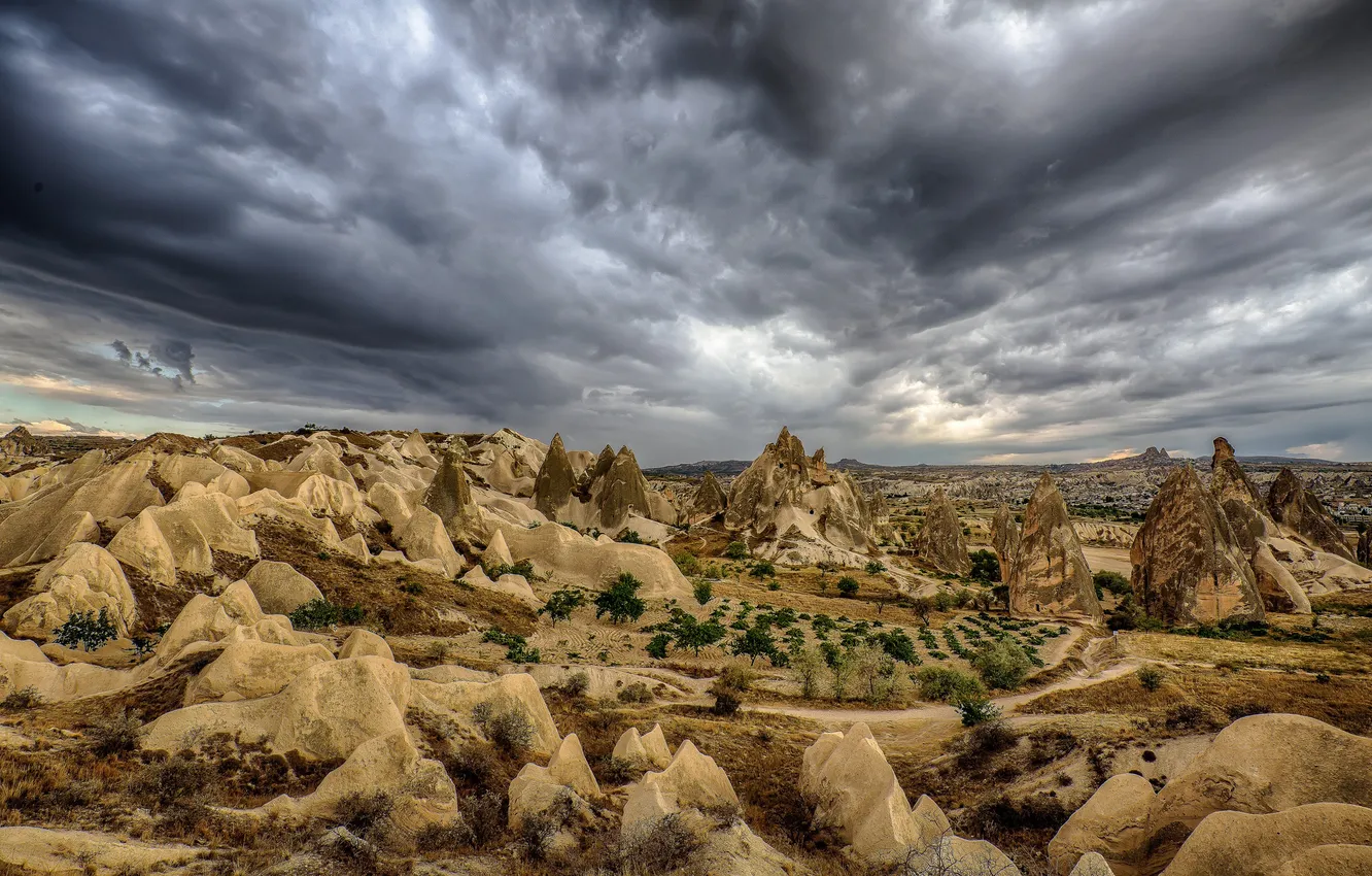 Photo wallpaper the sky, clouds, landscape, Turkey, Cappadocia