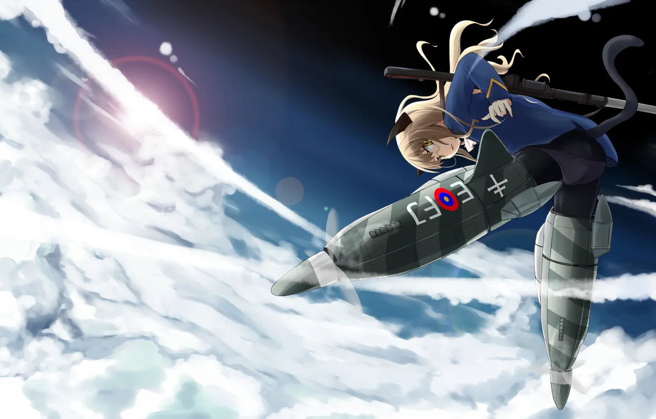 Photo wallpaper the sky, the sun, clouds, tail, propeller, neko, ears, machine gun