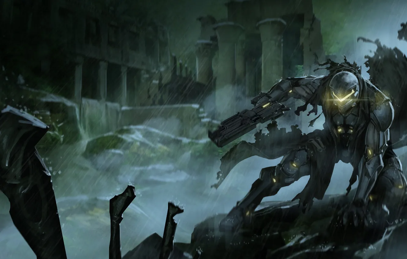 Photo wallpaper weapons, rain, warrior, costume, ruins