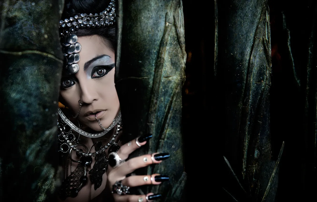 Photo wallpaper look, girl, decoration, face, background, makeup, brunette