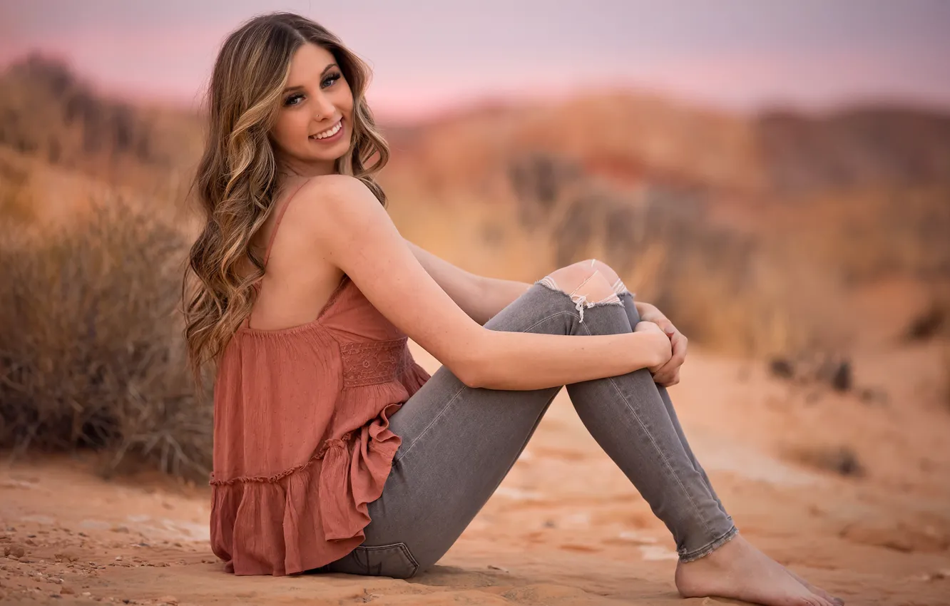 Photo wallpaper look, girl, pose, smile, mood, bokeh, ripped jeans, bare knees