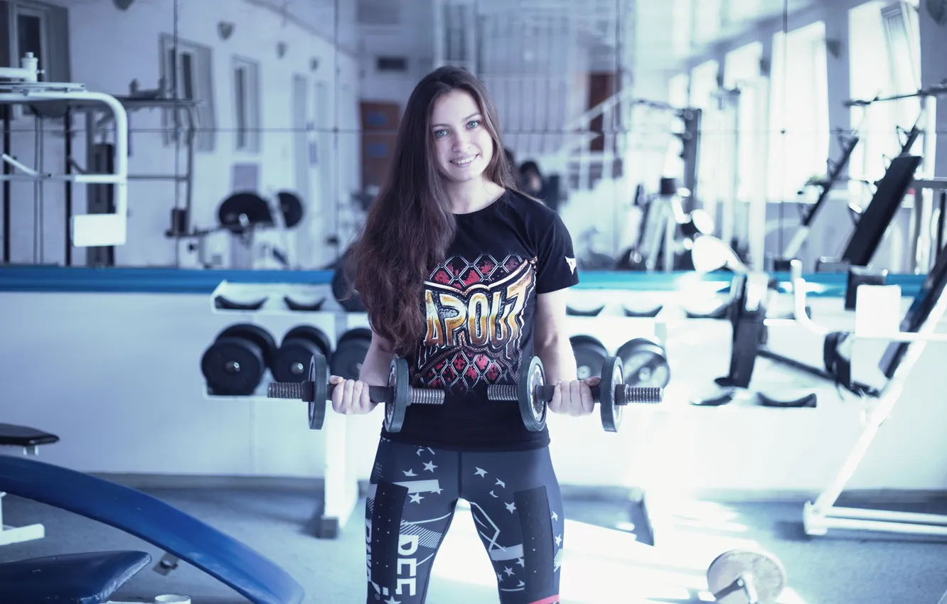 Photo wallpaper girl, the gym, training, dumbbells