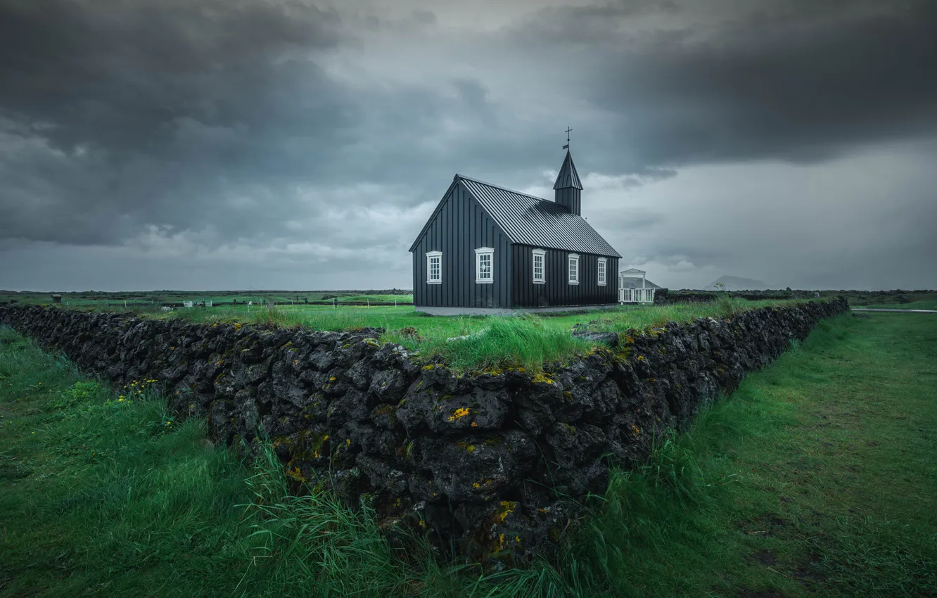 Photo wallpaper field, the sky, clouds, stones, overcast, home, Church, house