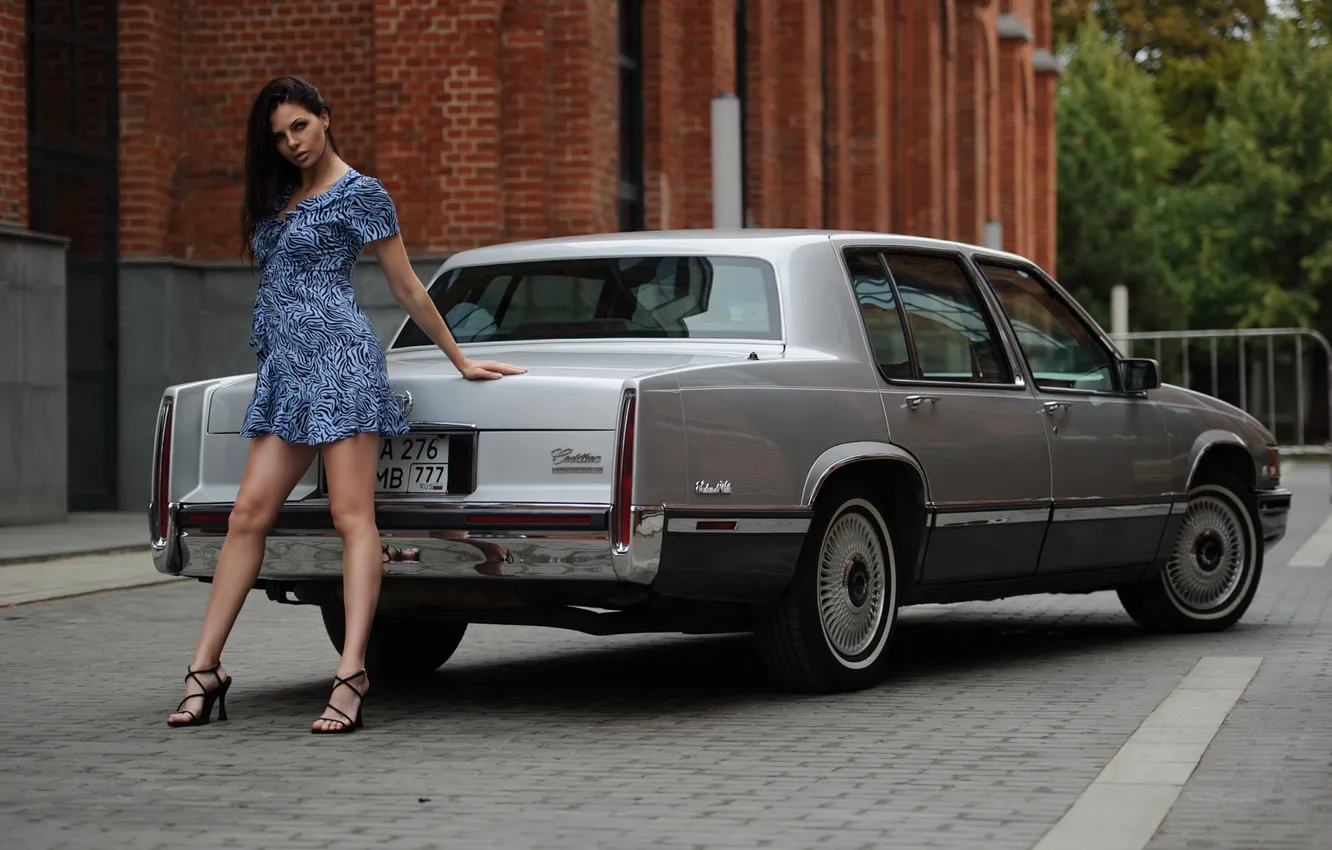 Photo wallpaper car, girl, dress, legs, model