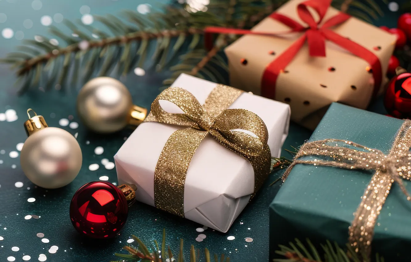 Photo wallpaper balls, box, gift, new year, Christmas, bow, needles, AI art