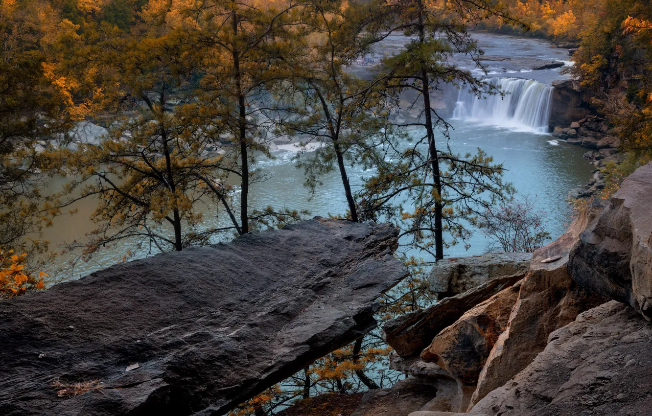 Photo wallpaper autumn, trees, landscape, nature, river, stones, waterfall, USA
