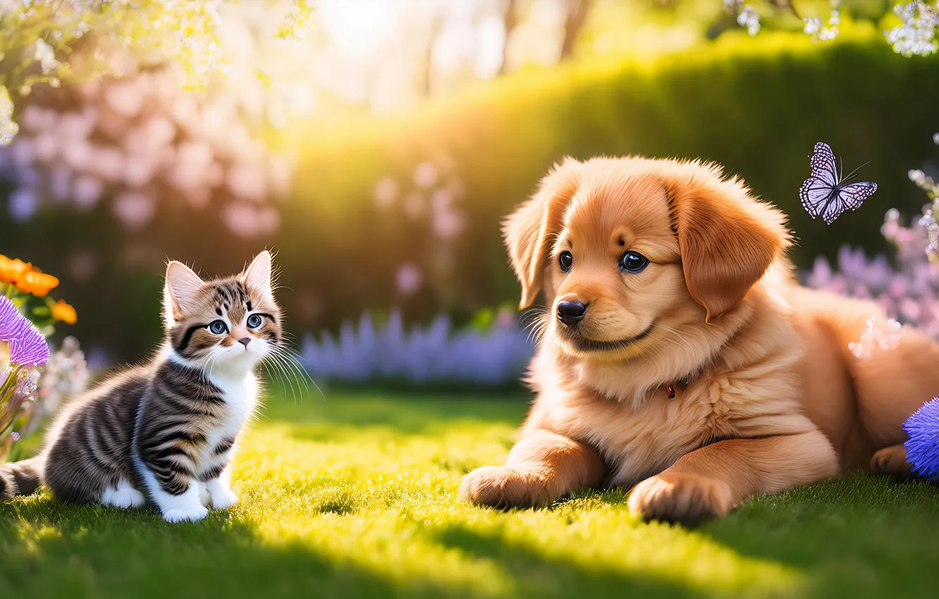 Photo wallpaper cat, look, dog, puppy, kitty, face, a couple, AI art