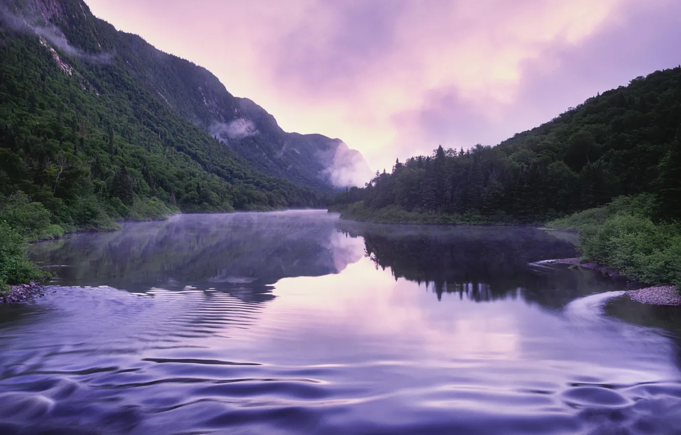 Photo wallpaper summer, the sky, trees, mountains, nature, fog, river
