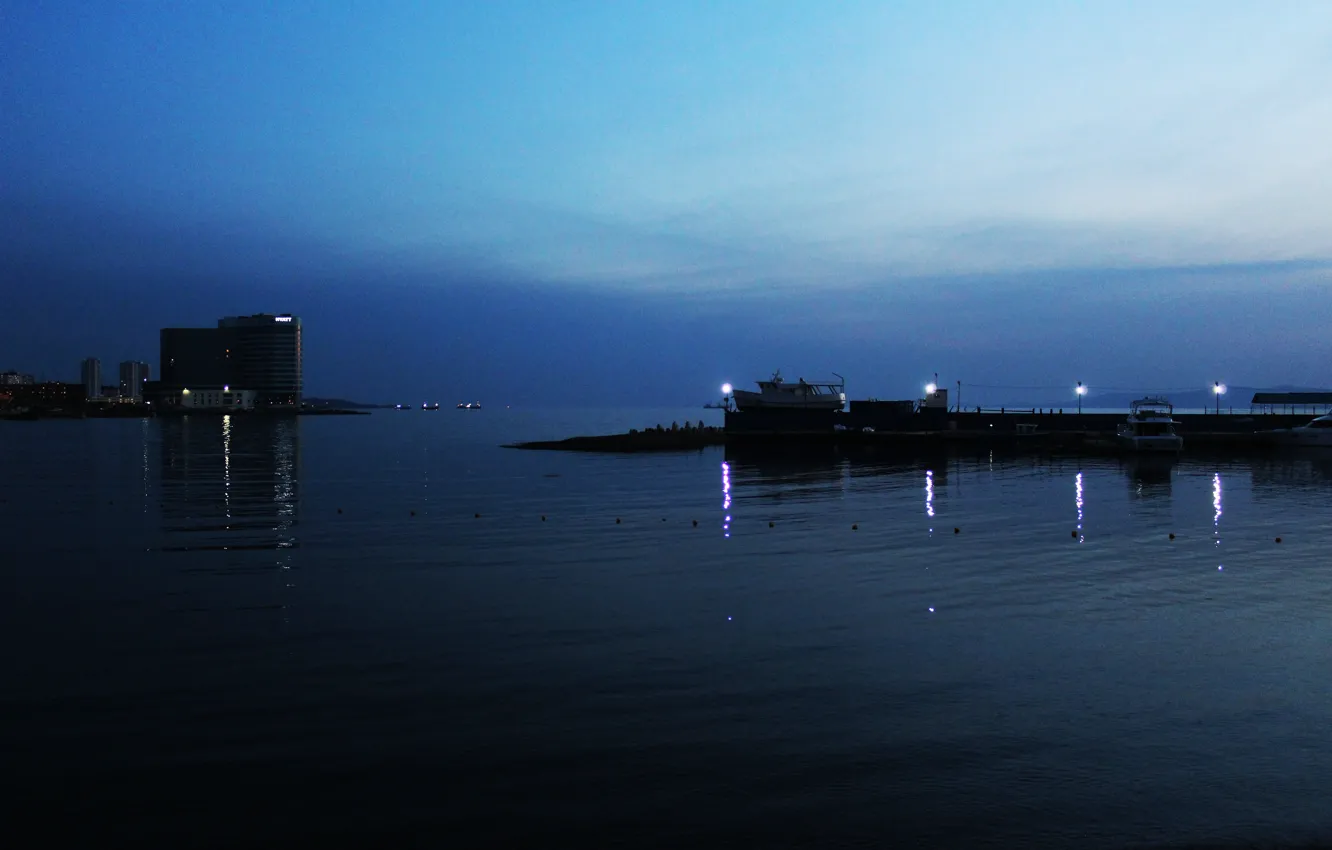 Photo wallpaper sea, nature, lights, boat, the evening, yacht, Russia, promenade