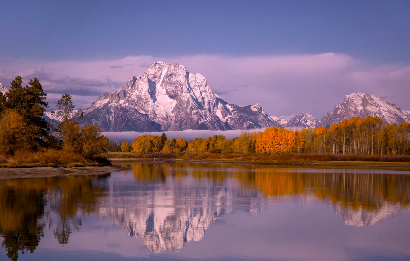 Photo wallpaper sky, trees, landscape, nature, sunset, water, mountains, clouds