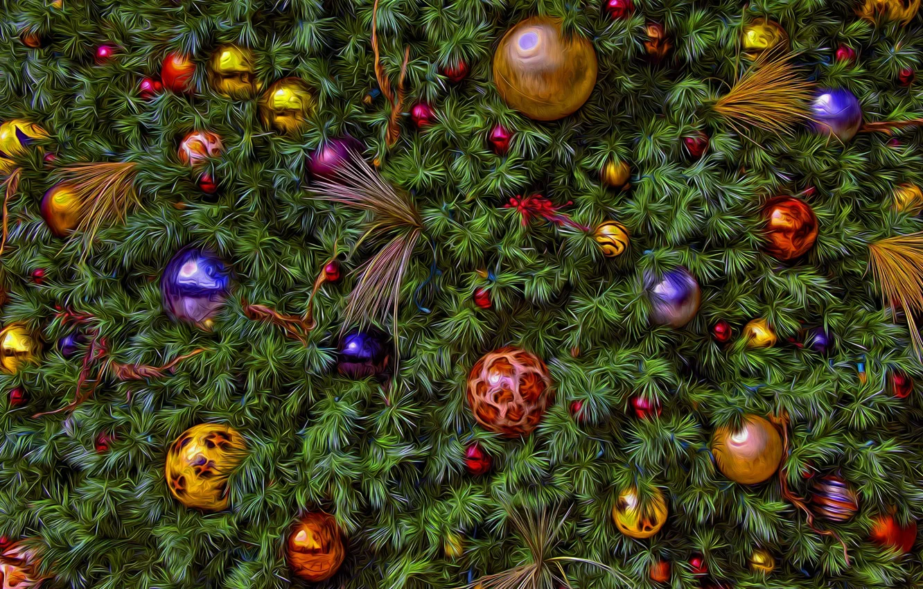 Photo wallpaper balls, decoration, background, holiday, toys, new year, Christmas, spruce