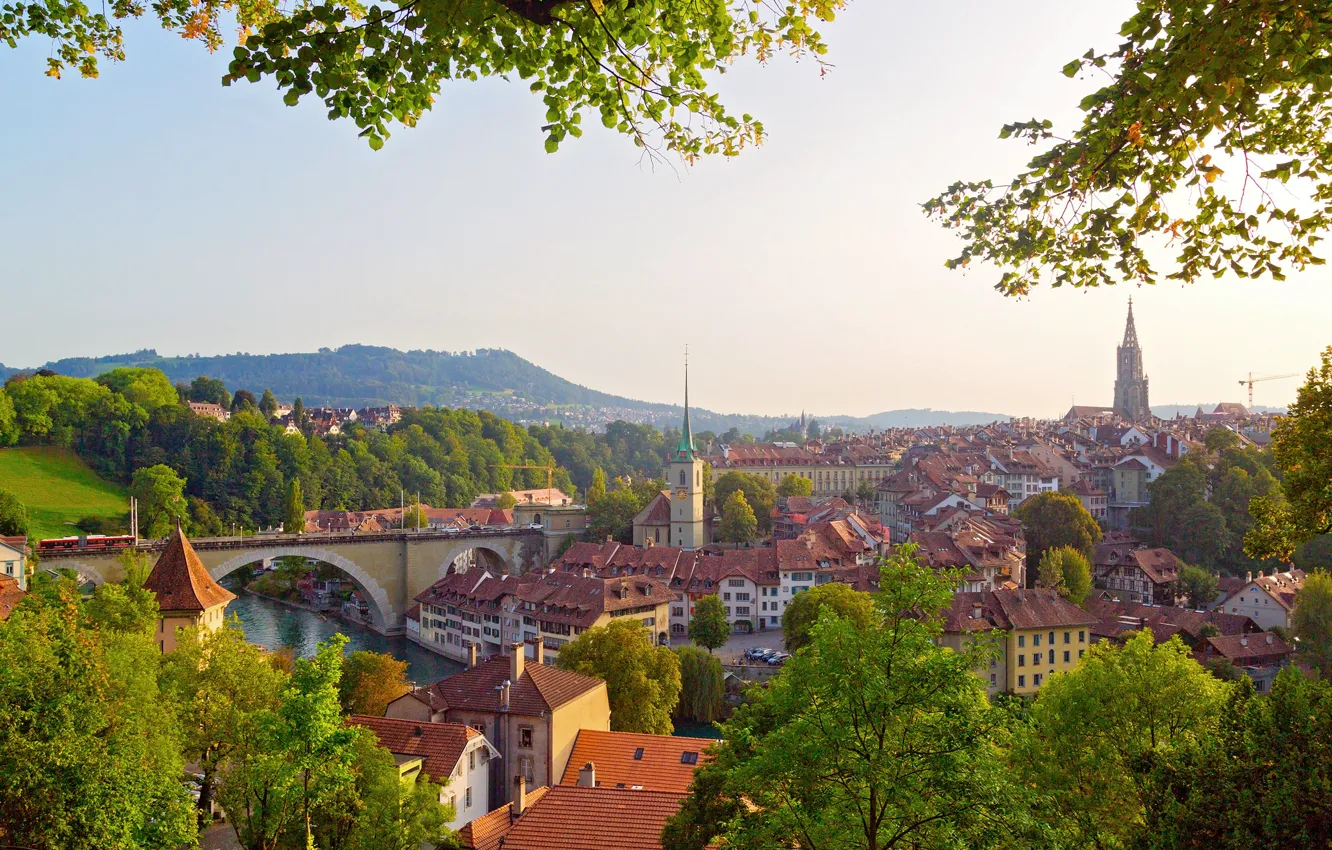 Photo wallpaper greens, trees, bridge, river, home, Switzerland, Bern