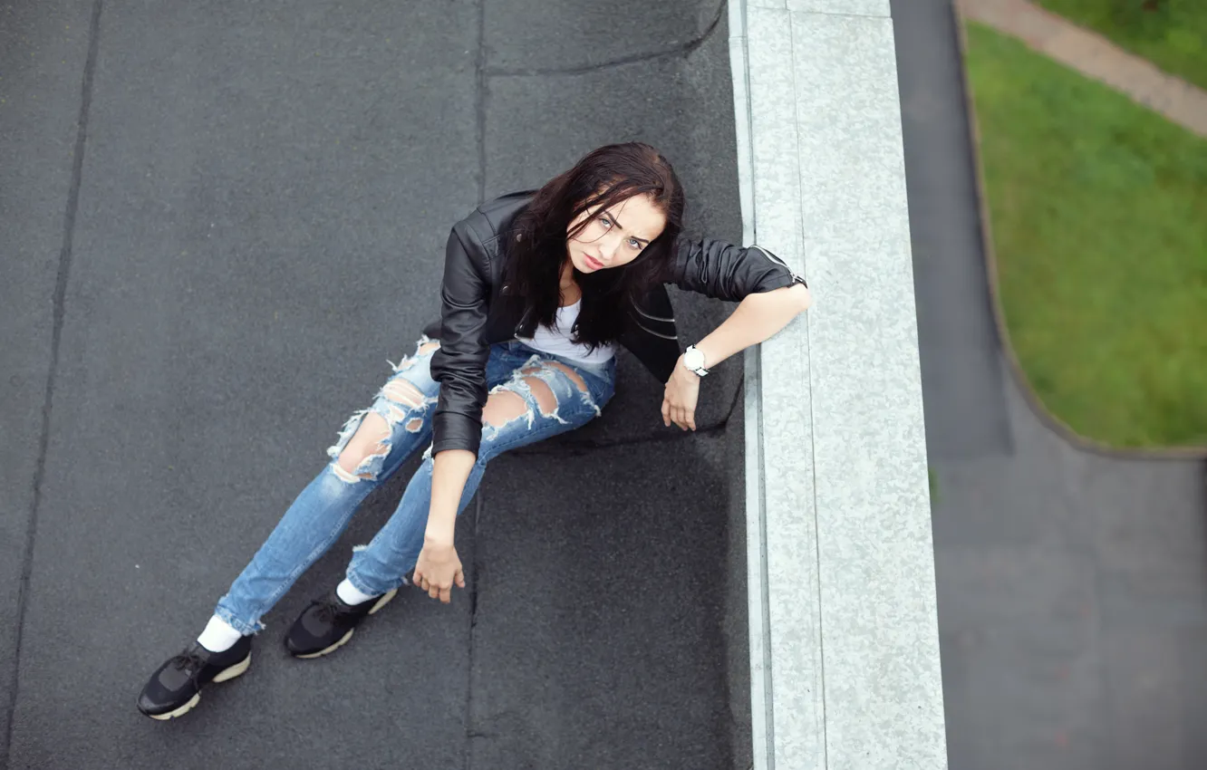 Photo wallpaper roof, look, girl, face, hair, jeans, jacket, Vika