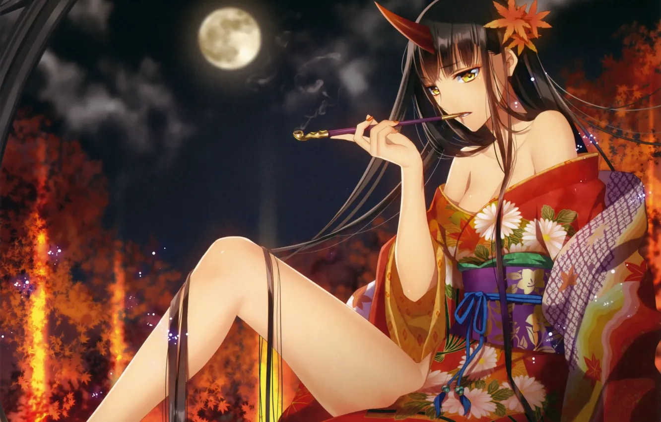 Photo wallpaper night, geisha, unicorn, mouthpiece, kimono, the full moon, shoulders, long hair