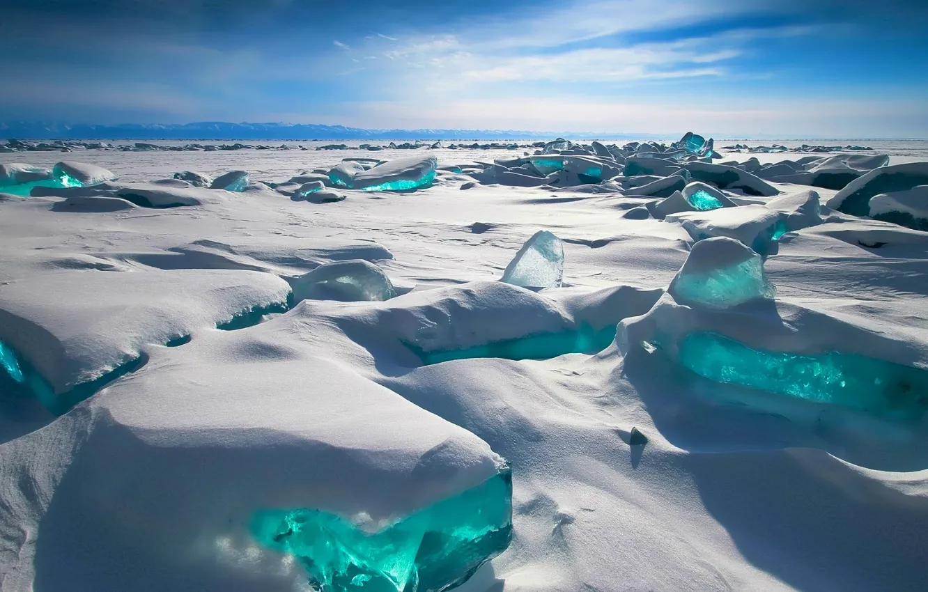 Photo wallpaper The sky, Winter, Mountains, Lake, Snow, Baikal, ice, Russia