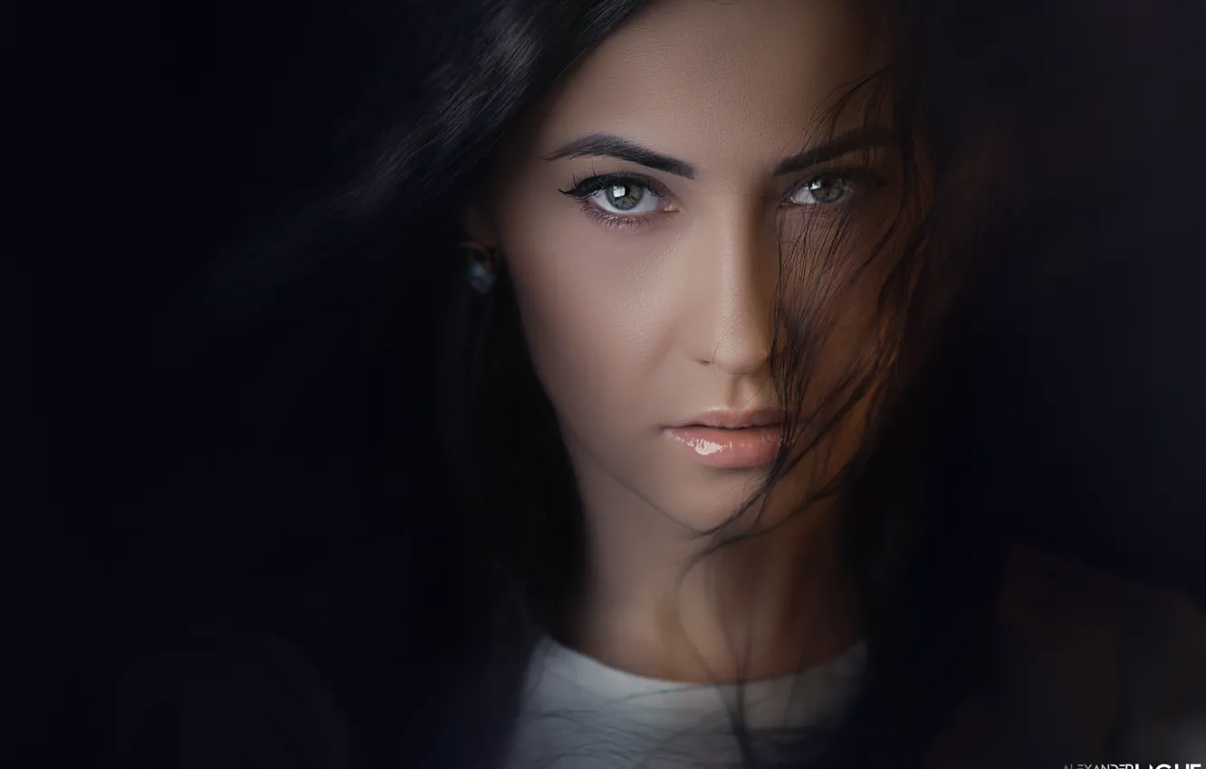 Photo wallpaper look, face, hair, portrait, black background, Alexander Drobkov-Light, Elena Voronina