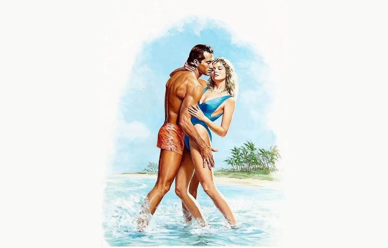 Photo wallpaper sea, girl, love, palm trees, people, art, pair, male