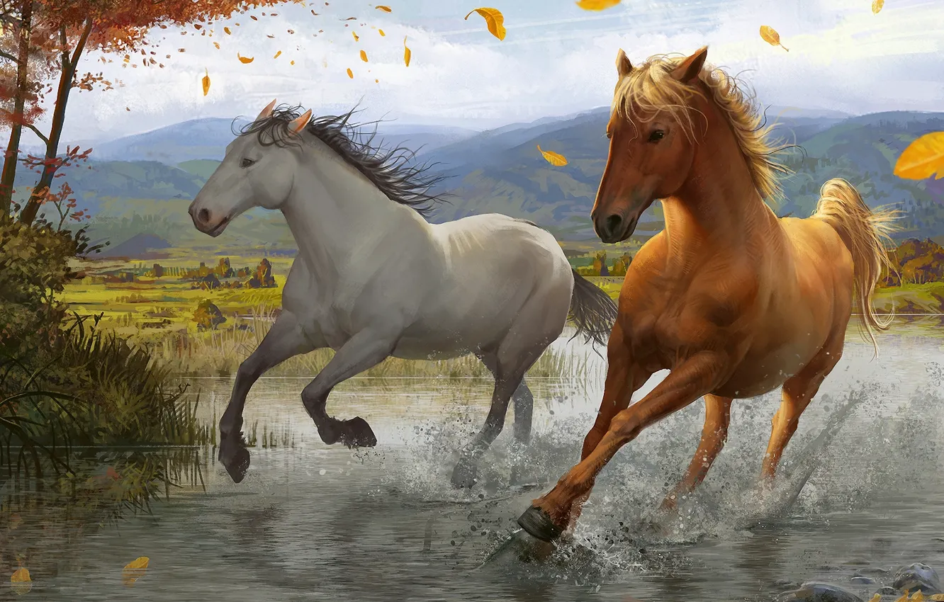 Photo wallpaper leaves, squirt, river, tree, the wind, horse, art, running