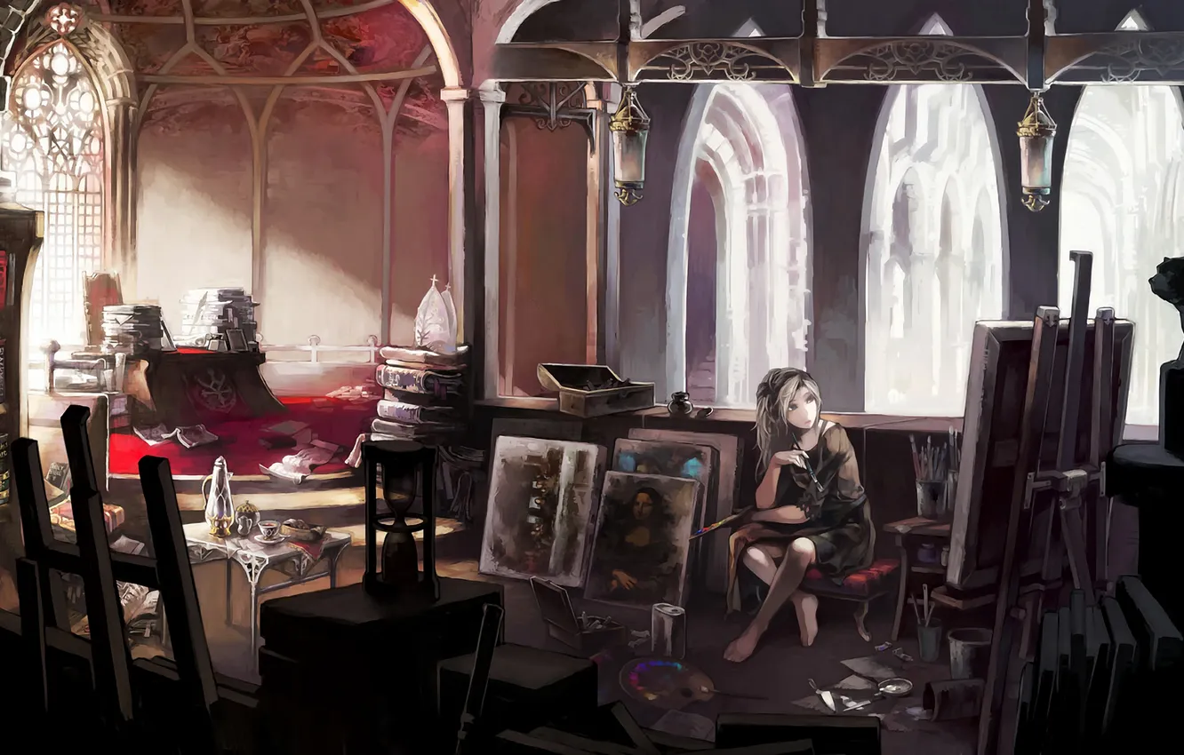 Photo wallpaper girl, castle, paint, interior, picture, artist, workshop, painting