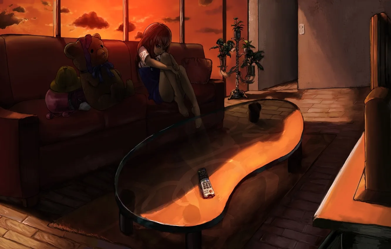 Photo wallpaper girl, loneliness, room, sofa, toy, the evening, bear, TV
