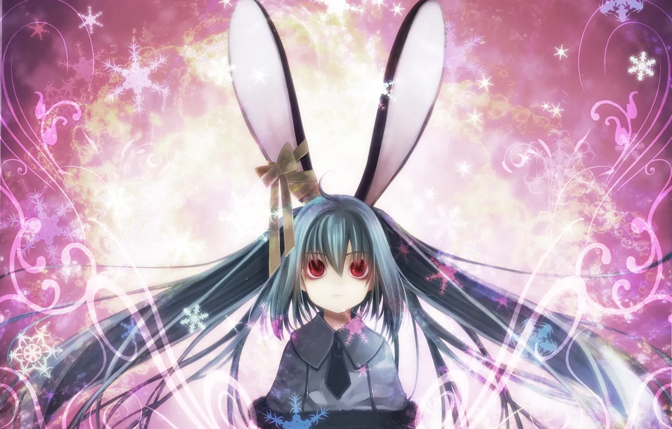 Photo wallpaper snowflakes, art, girl, tape, vocaloid, hatsune miku, bow, ears