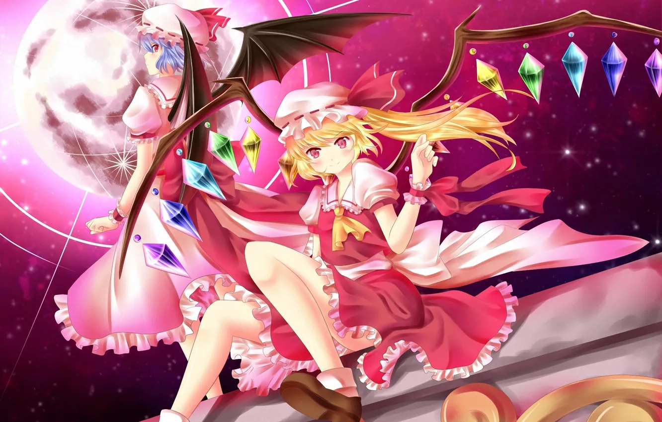 Photo wallpaper girls, the moon, wings, the demon, art, crystals, red, Touhou