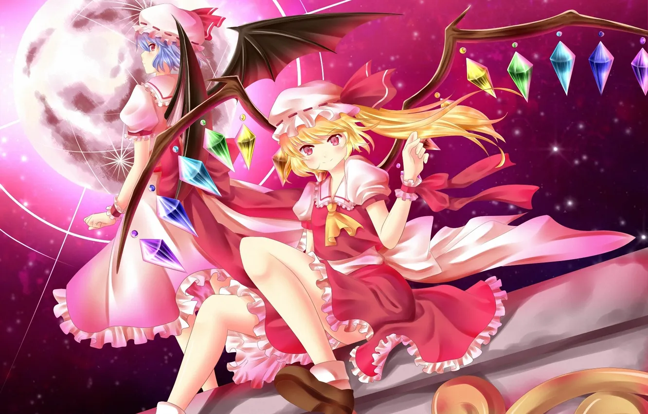 Photo wallpaper girl, red, the moon, wings, the demon, art, crystals, touhou