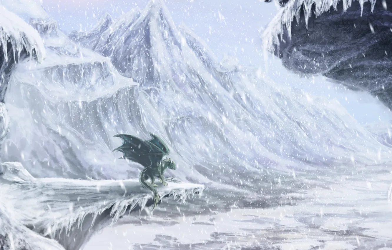 Photo wallpaper winter, snow, mountains, rocks, dragon, valley, art