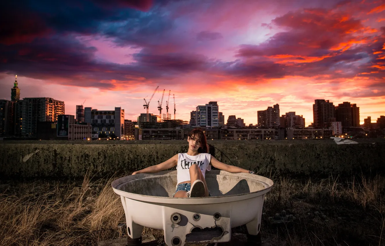 Photo wallpaper girl, sunset, Asian