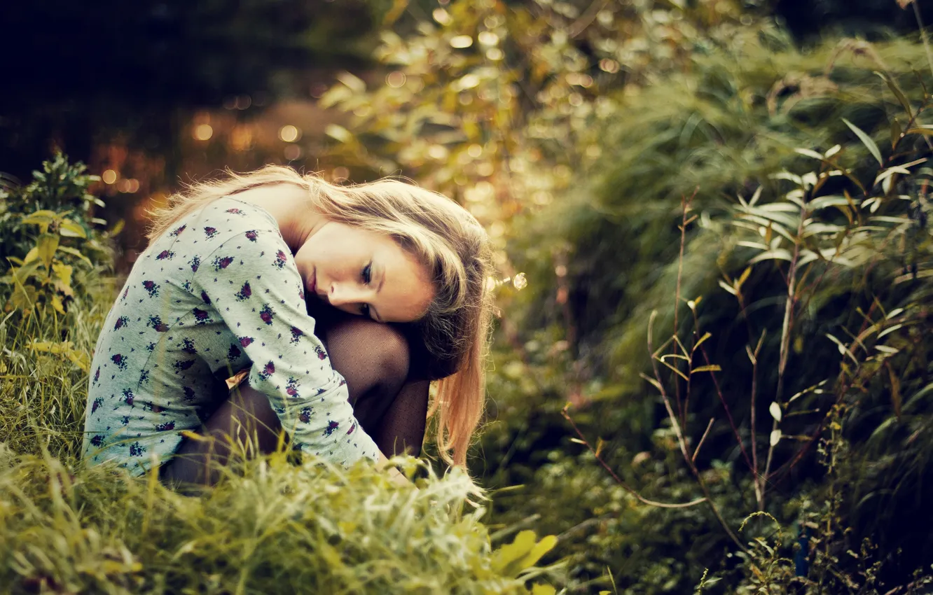 Photo wallpaper grass, girl, blonde, bokeh