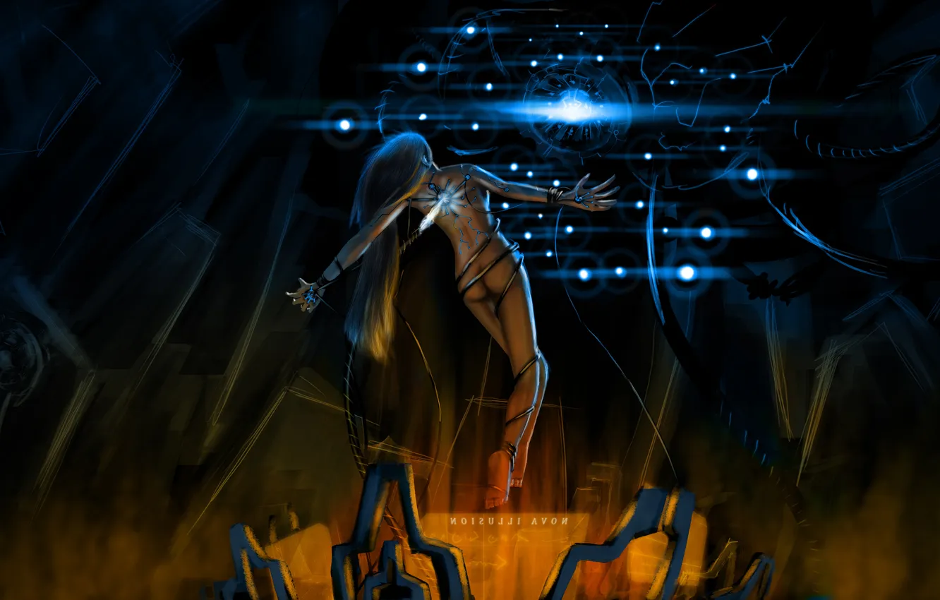 Photo wallpaper girl, interface, cable, levitation, connector