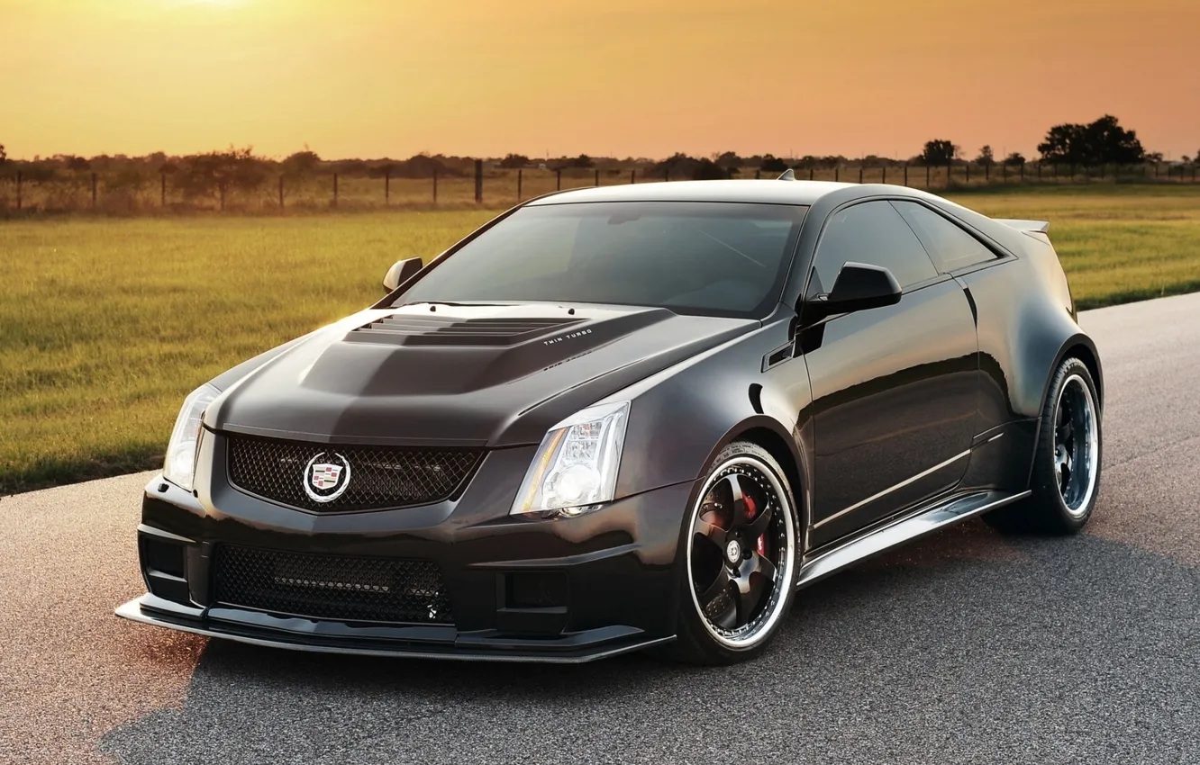 Photo wallpaper road, field, the sky, black, Cadillac, tuning, Coupe, tuning